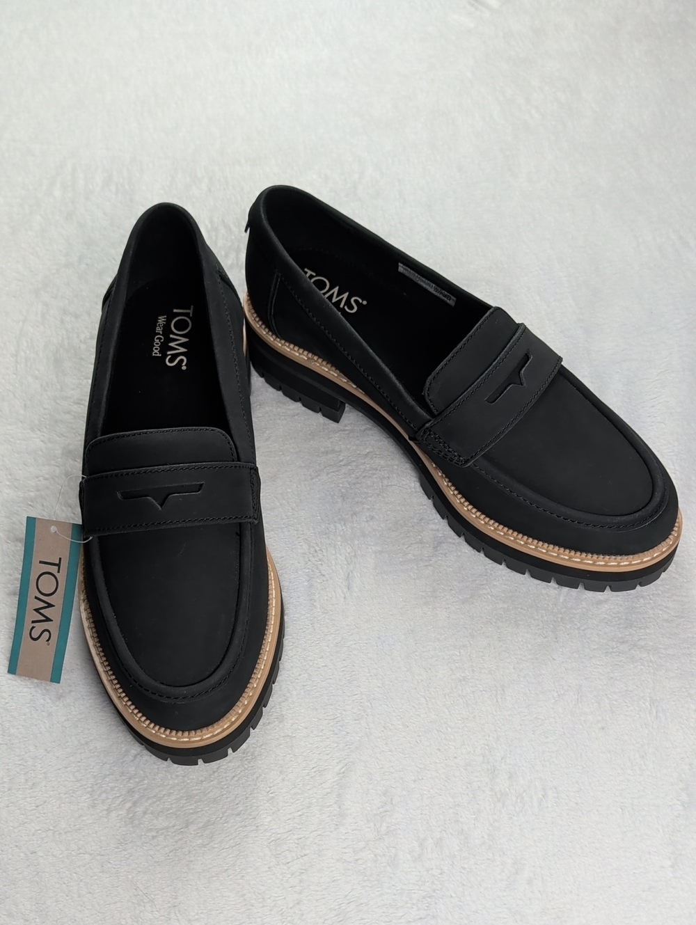 TOMS Cara Black Leather Platform Penny Loafers Lug Sole Women's Size 8 Wide